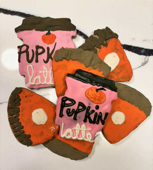 Handmade organic pumpkin latte dog cookies with peanut butter and cinnamon in a gift box