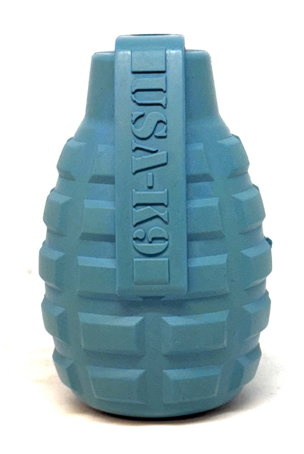 Blue grenade shaped eDispenser durable dog chew toy and treat dispenser for heavy chewers