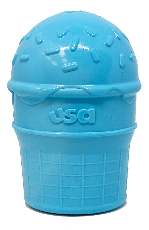Blue durable ice cream cone shaped PUP-X rubber chew toy and treat dispenser for dogs made in USA