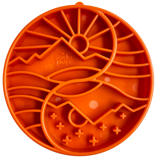 Sun and Moon Design shallow slow feeder dog bowl in burnt orange with raised ridges for mental enrichment and slow eating