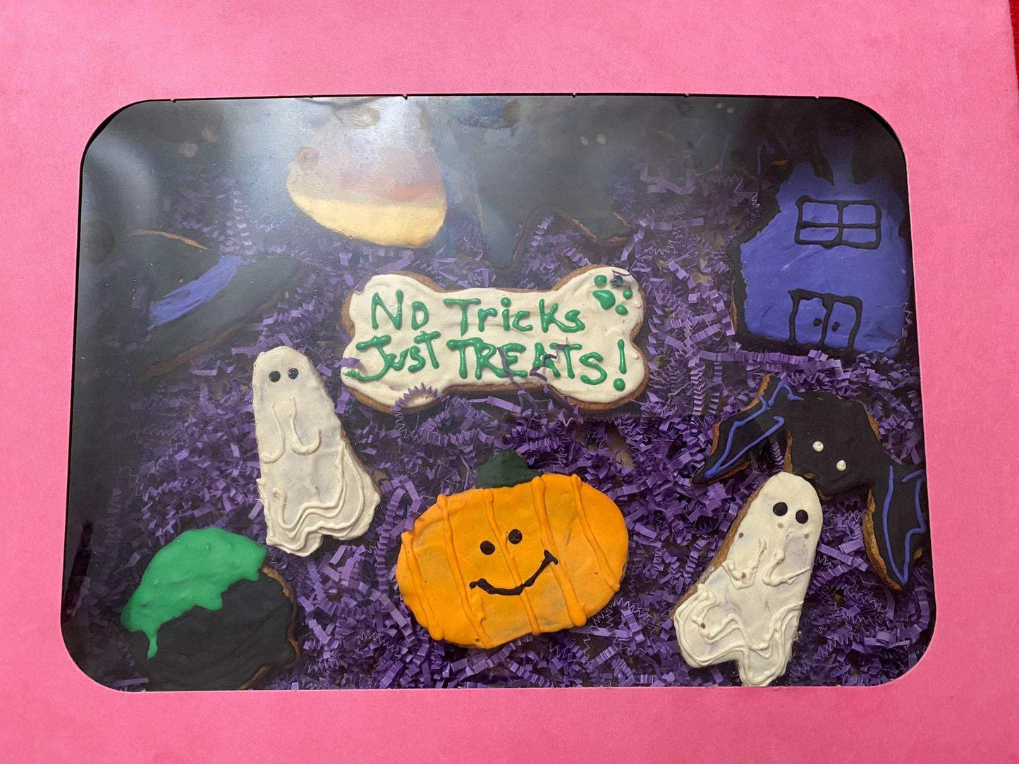 Halloween-themed organic dog cookie box with pumpkin and ghost shapes