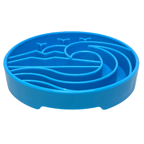 Blue shallow slow feeder dog bowl with raised ridges for slow eating and mental enrichment