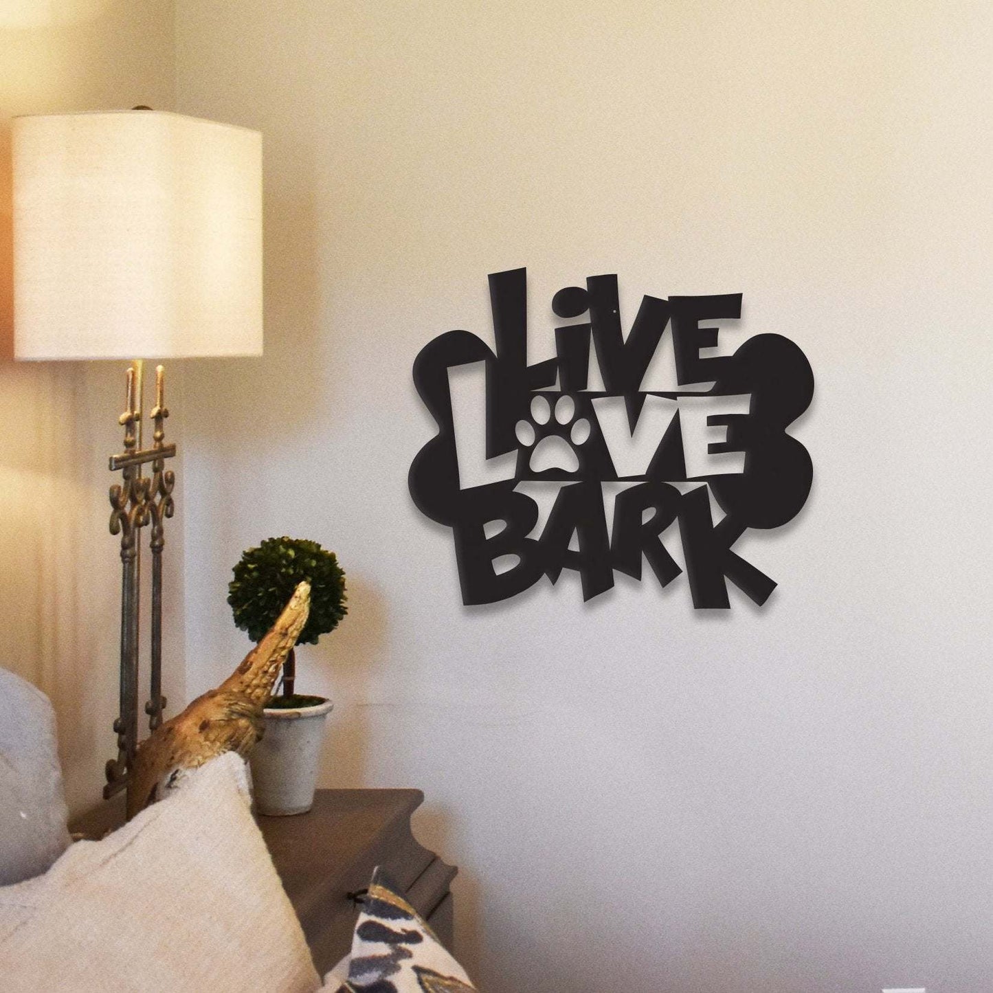 Live Love Bark metal wall art decor with dog silhouette, steel, powder-coated for outdoor use