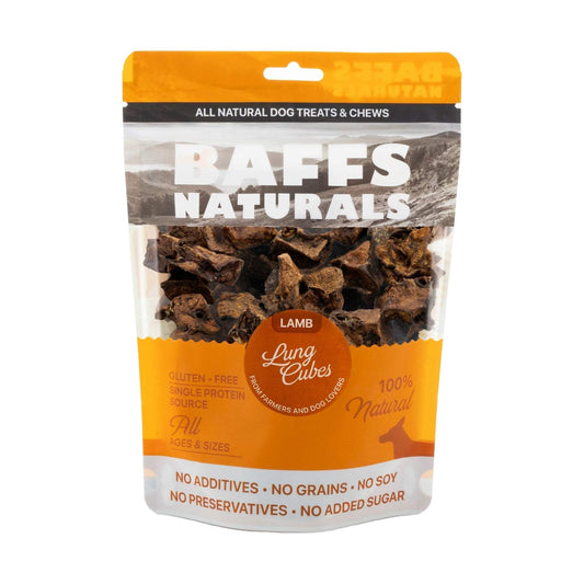 BAFFS NATURALS All-Natural Lamb Lung Cubes dog treats in resealable 7oz bag, gluten-free, high-protein, air-dried, single-ingredient lamb lung cubes for dogs.