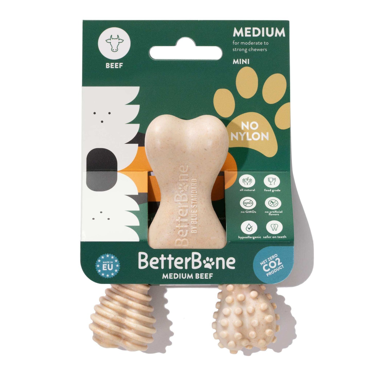BetterBone MEDIUM natural beef chew toy for dogs, eco-friendly, non-toxic, hypoallergenic with dental nubs for oral health