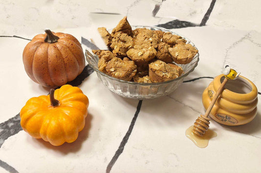 Organic pumpkin muffins for dogs with human-grade ingredients in glass bowl, pumpkins and honey pot on marble surface