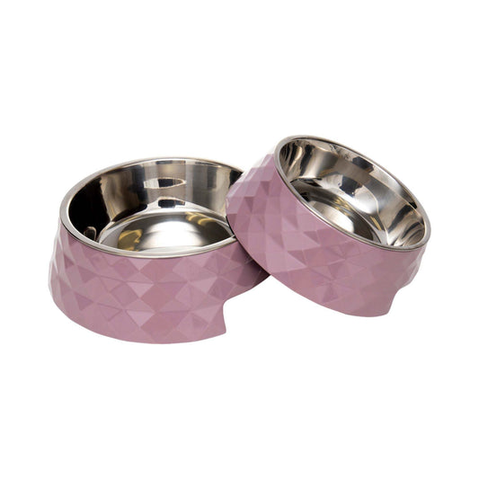 Set of 2 Diamond Twill Melamine Dog Bowls with removable stainless steel inserts in wood rose color