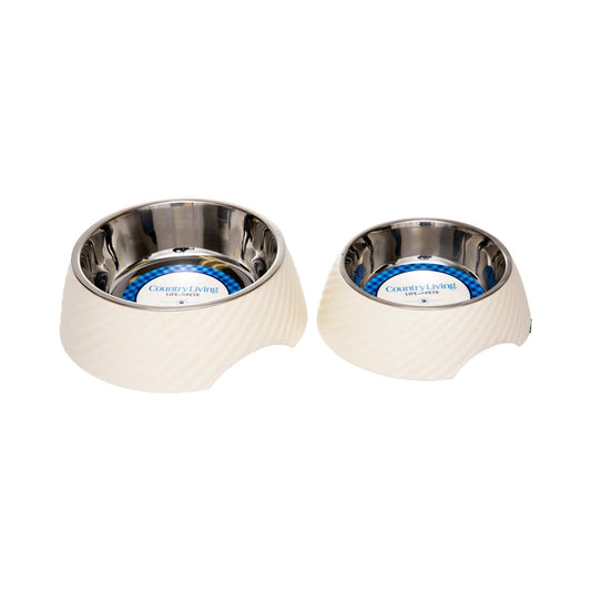 Country Living set of 2 round twill melamine dog bowls with removable stainless steel inserts in white swan color