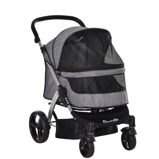 Travel pet stroller with adjustable handlebar, mesh window, storage bag, and PVC wheel brake