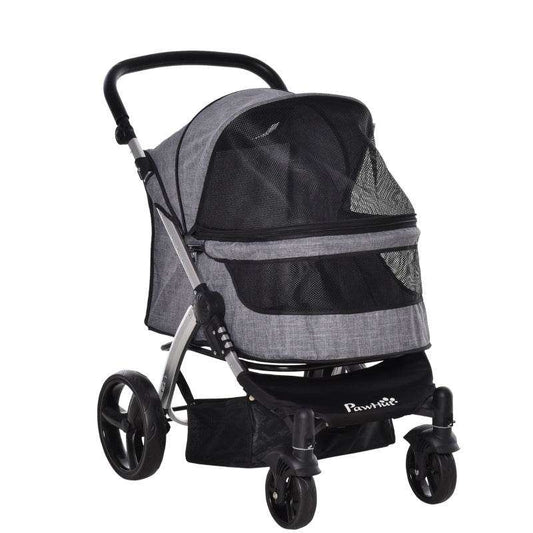 Travel pet stroller with adjustable handlebar, mesh window, storage bag, and PVC wheel brake
