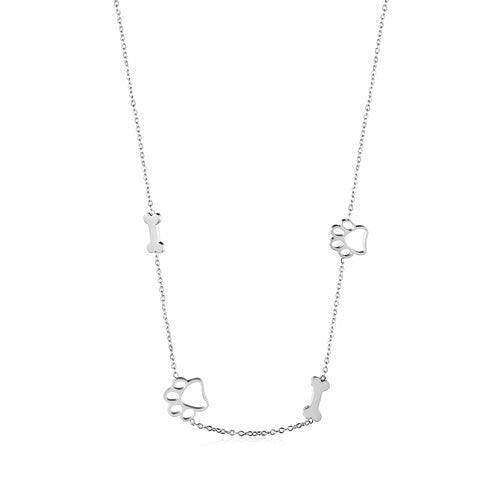 Stainless steel Puppy Paw and Bone Necklace with paw outline pendant for dog lovers