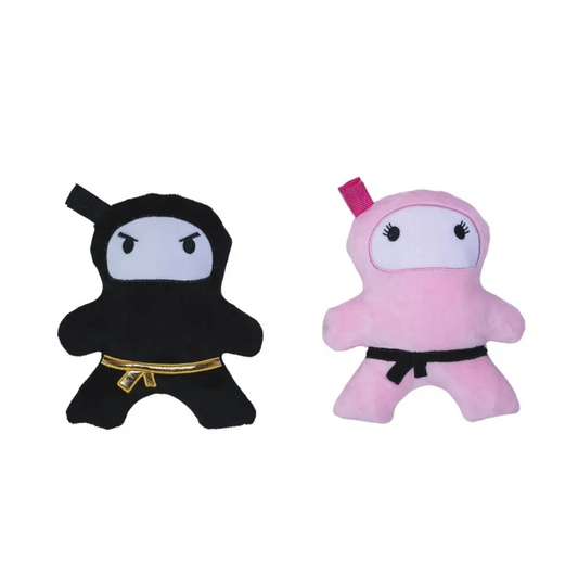 Pink and black ninja love plush dog toy set with squeaker and crinkle paper