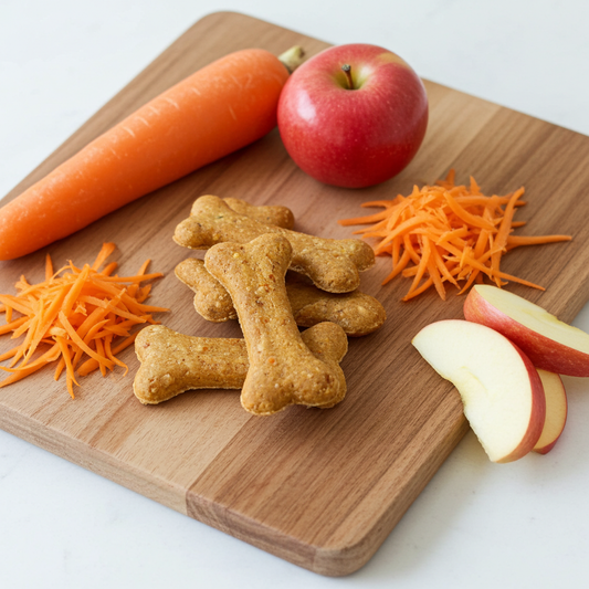 Organic Apple Carrot Bones dog treats with fresh apples and carrots on wooden cutting board