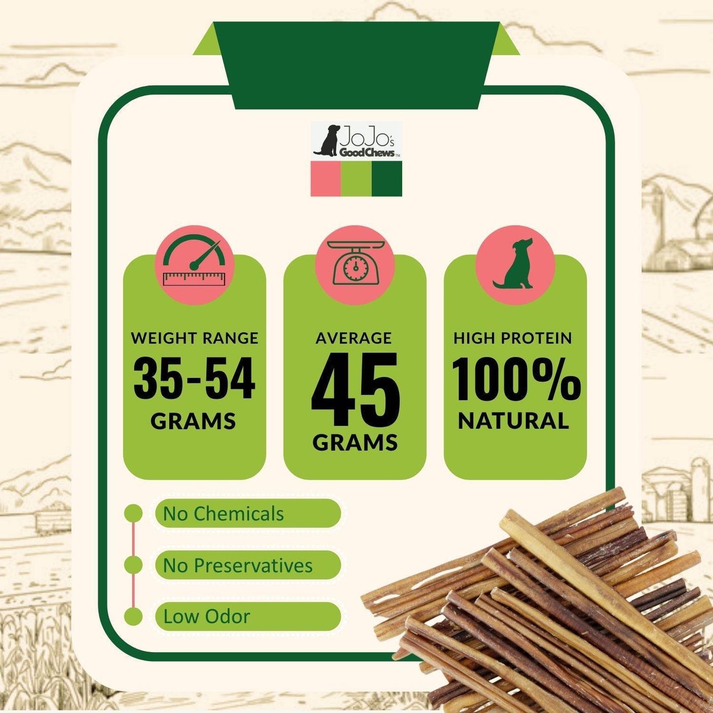 12-inch natural beef bully sticks dog treats, high-protein, odor-free, chemical-free, preservative-free, 4-pack