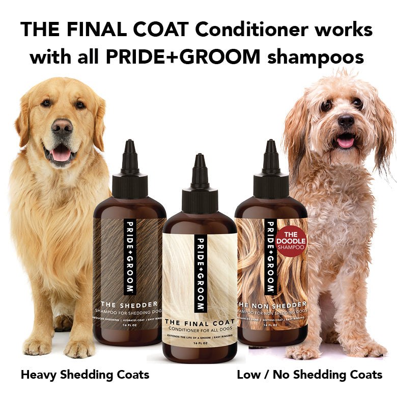THE FINAL COAT dog conditioner bottle with bright, natural ingredients for softening, shine, and detangling pet fur