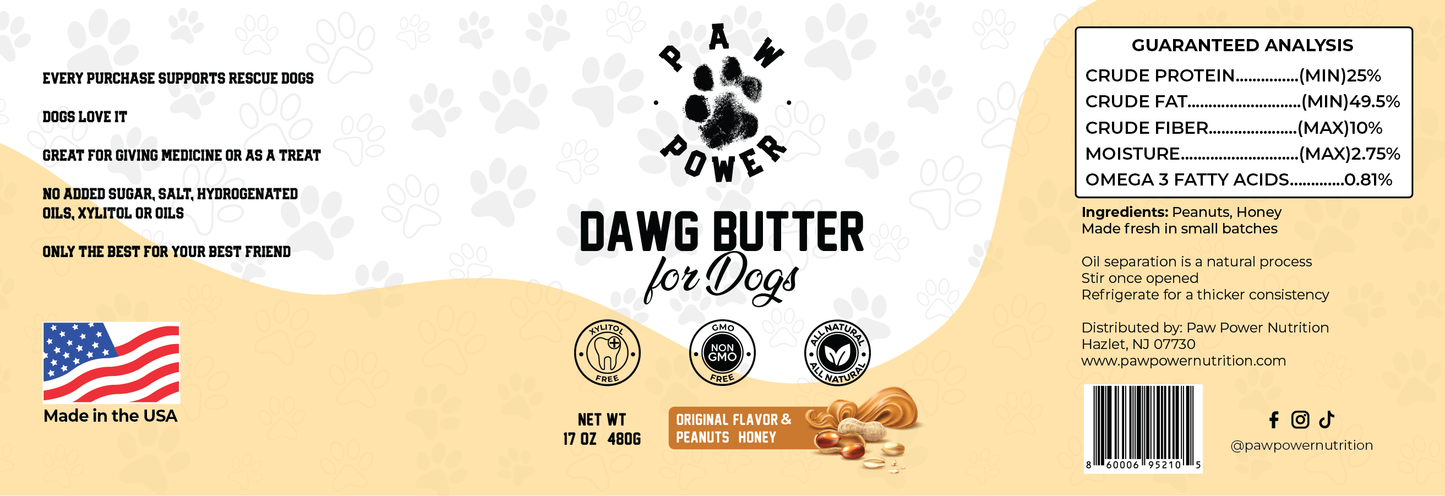 Jar of Dawg Butter Original Flavor dog treat with awards and natural peanut and honey ingredients