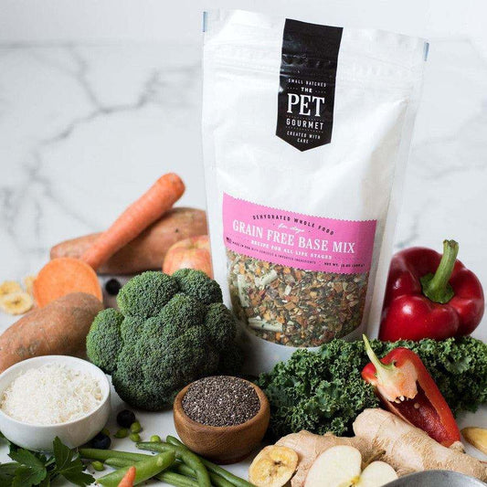 grain free dog food premix with vegetables and seeds around the packaging