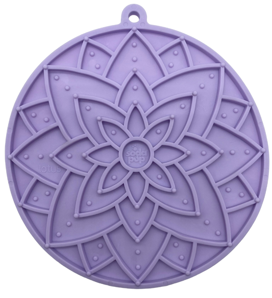 Pastel purple Lotus Design enrichment lick mat with suction cups for dogs and cats, USA made, multi-texture surface for slow feeding and anxiety relief