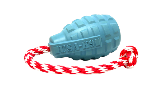 USA-K9 Grenade steel blue rubber dog toy with red and white tug rope for chewing and training
