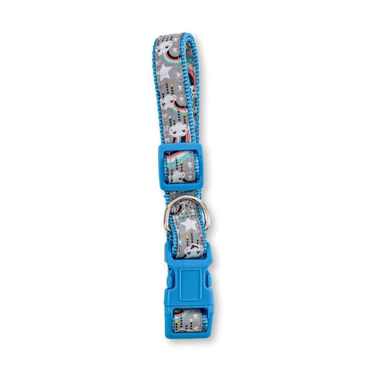 Nylon dog collar with vibrant embroidered rainbow design and adjustable secure fit for medium and large breeds