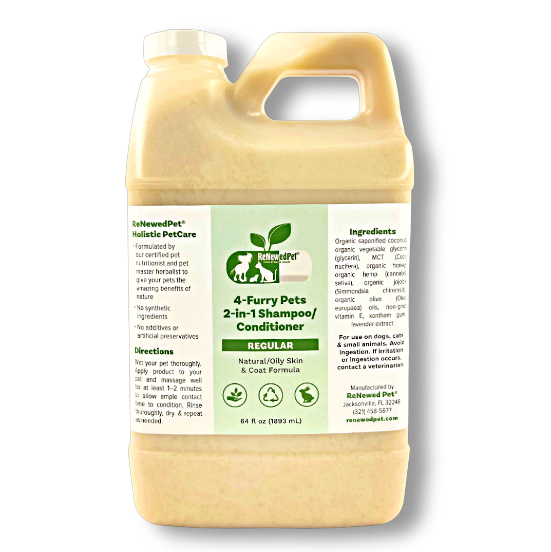 4-Furry Pets 2-in-1 natural shampoo and conditioner for normal to oily pet fur in a large bottle