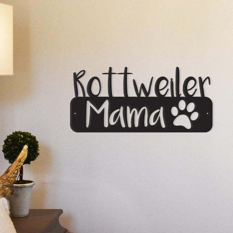 Rottweiler Mama metal wall art made from powder-coated steel for indoor and outdoor decor