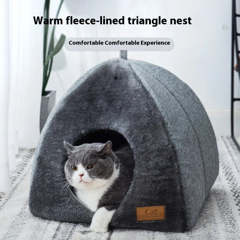 Heated Cat Bed - Self Warming Triangle Cat Cave for Indoor Pets