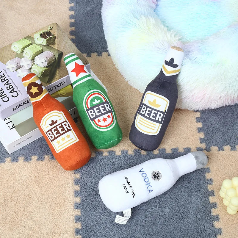Plush Beer Bottle Dog Toy - Squeaky, Bite-Resistant, Teeth Cleaning