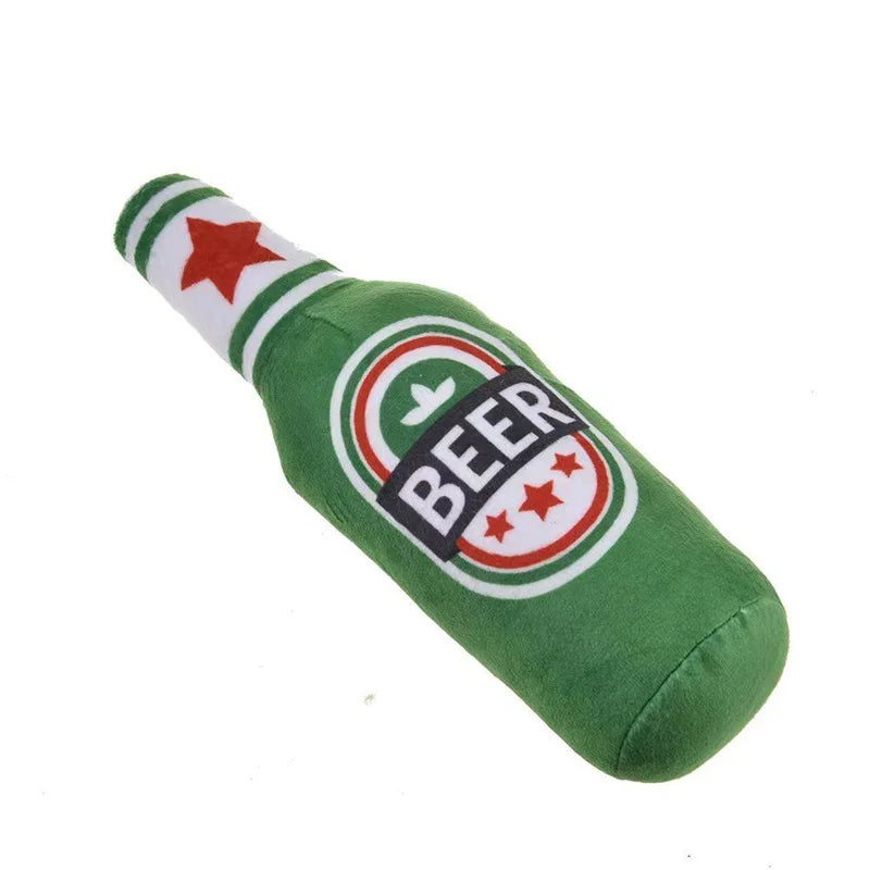 Plush Beer Bottle Dog Toy - Squeaky, Bite-Resistant, Teeth Cleaning