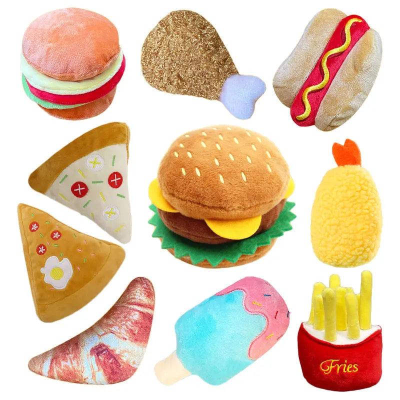 Plush Dog Toys - Squeaky Ice Cream, Fries & Hamburger Set