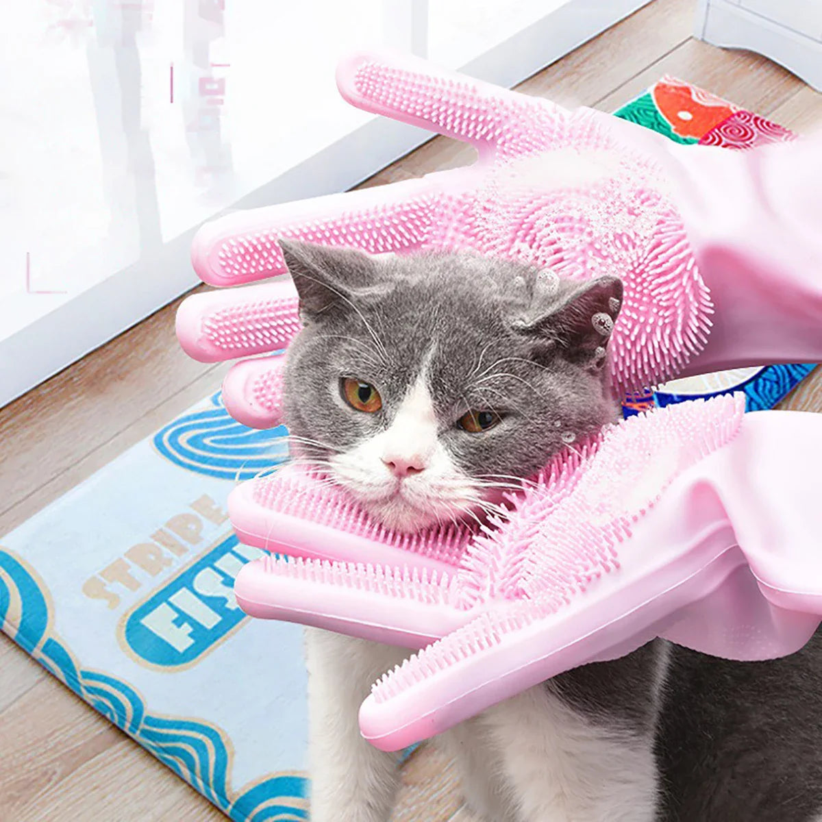Pet Grooming Bath Gloves - Silicone Hair Remover & Scrubber