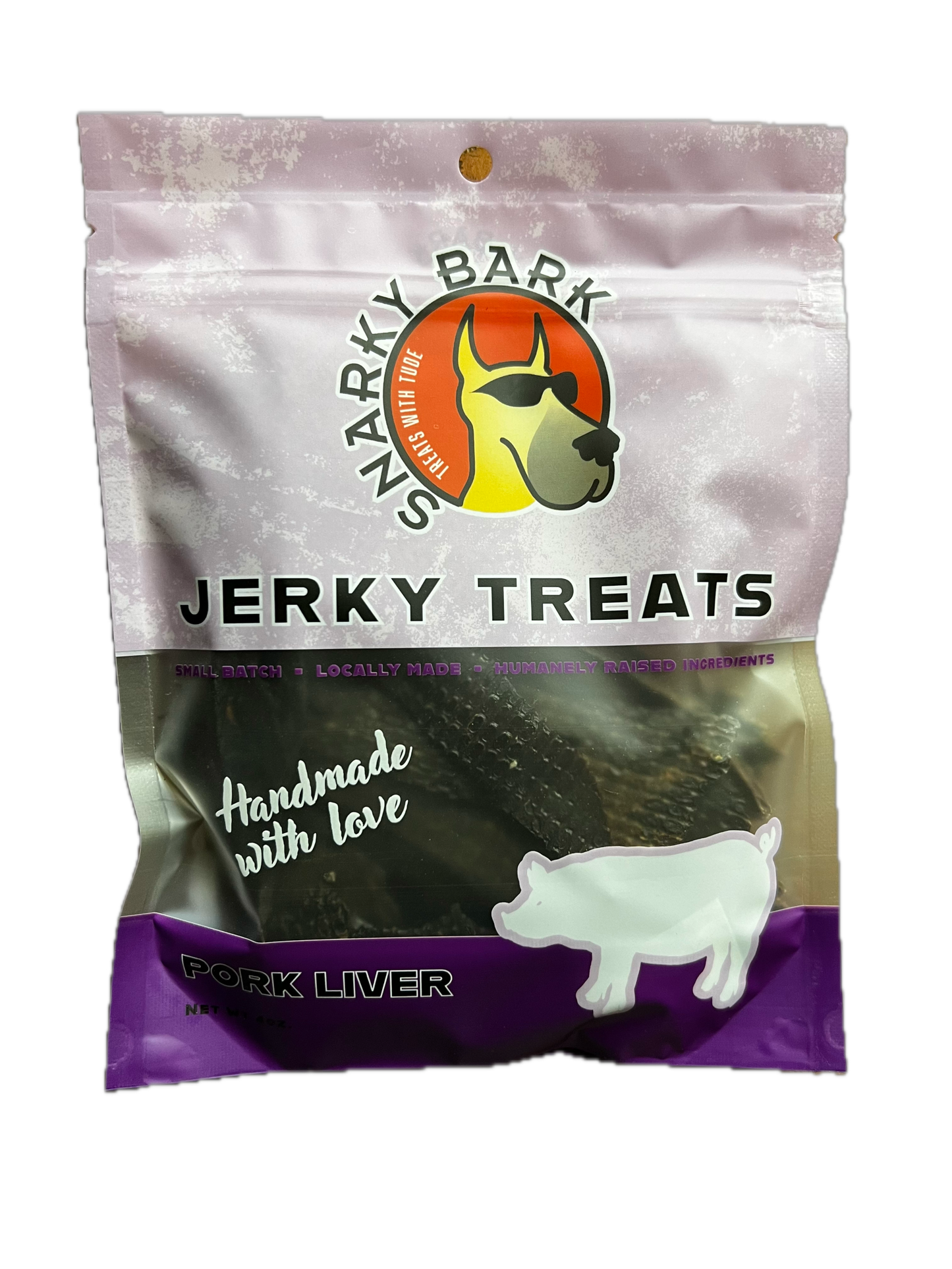 Snarky Bark Pork Liver Jerky dog treats made from grass-fed pork liver with BPA-free packaging
