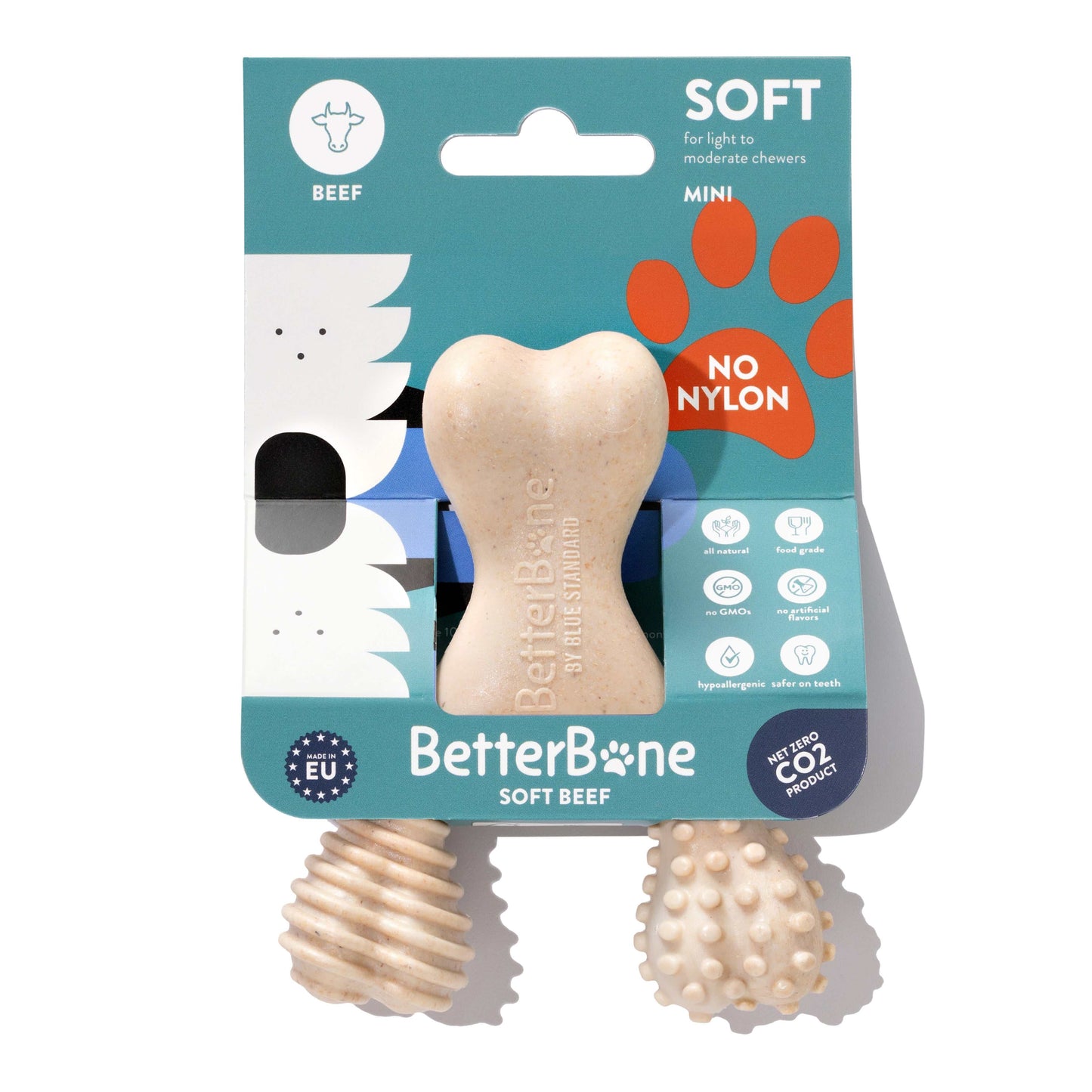 BetterBone SOFT natural beef flavored chew toy for teething puppies, senior dogs, and gentle chewers, made from 100% natural, food-grade ingredients, hypoallergenic and eco-friendly.