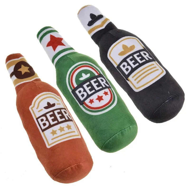 Plush Beer Bottle Dog Toy - Squeaky, Bite-Resistant, Teeth Cleaning