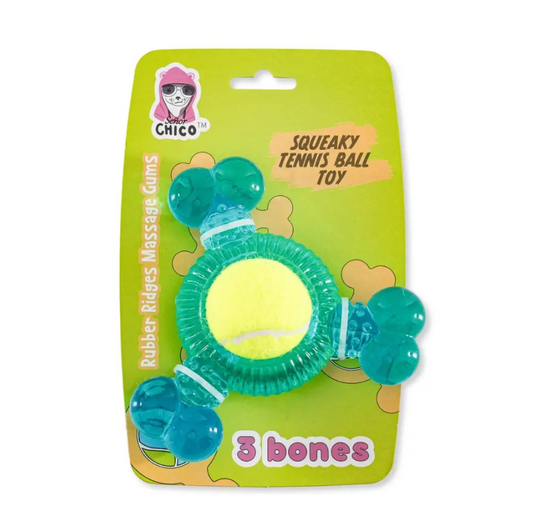 3-Bone TPR Chew Toy with squeaky tennis ball for interactive dog play and gum massage