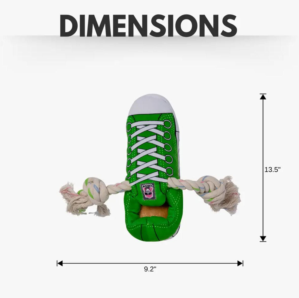 Green Squeaky Comfort Plush Sneaker Dog Toy with squeaker, rope, and hidden treat compartment
