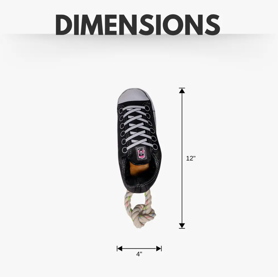 Black squeaky comfort plush sneaker dog toy with treat compartment and rope for tug-of-war