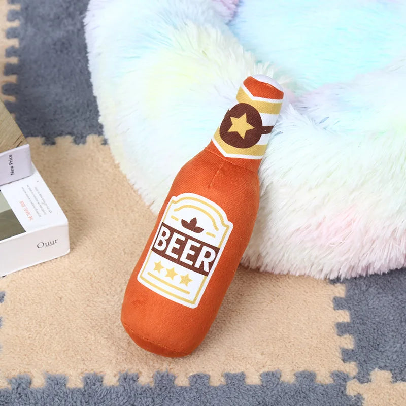 Plush Beer Bottle Dog Toy - Squeaky, Bite-Resistant, Teeth Cleaning