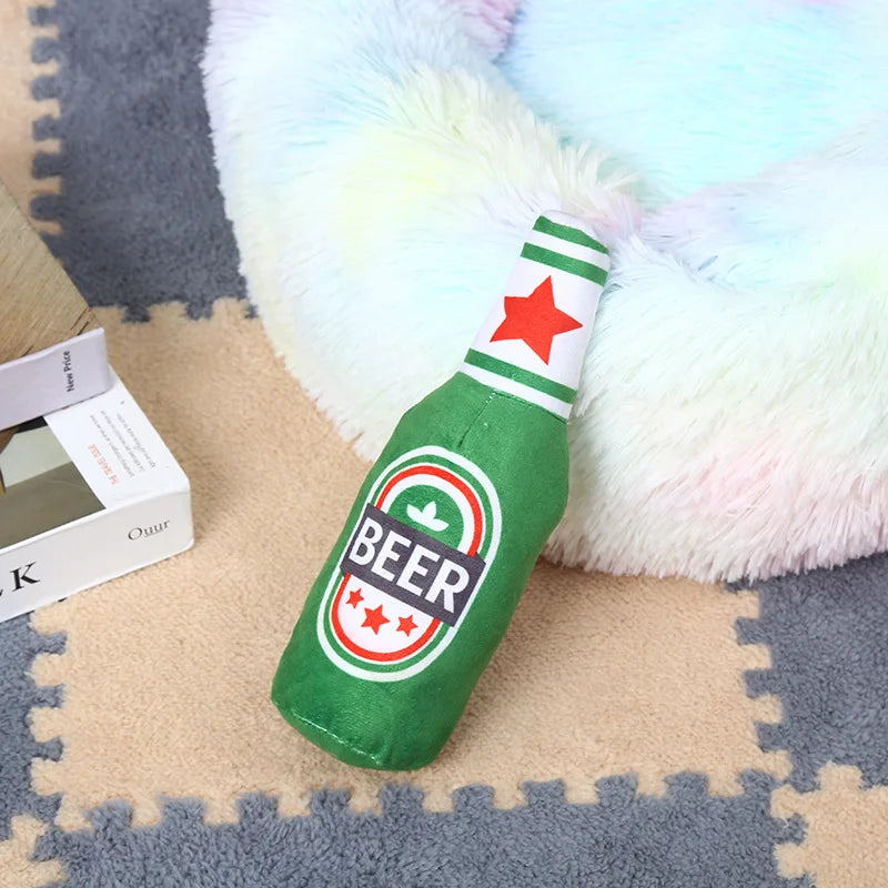 Plush Beer Bottle Dog Toy - Squeaky, Bite-Resistant, Teeth Cleaning