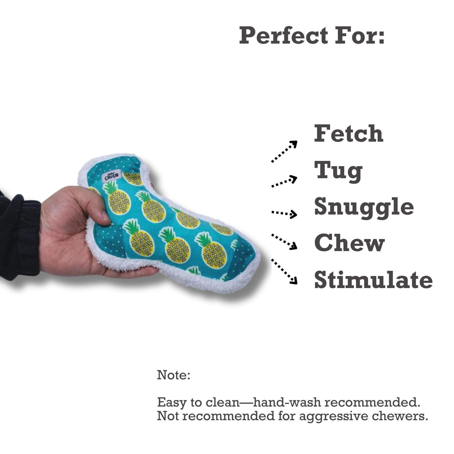Squeaky Sock Plush Dog Toy with tropical pineapple design for fetch, tug, snuggle, chew, and stimulation