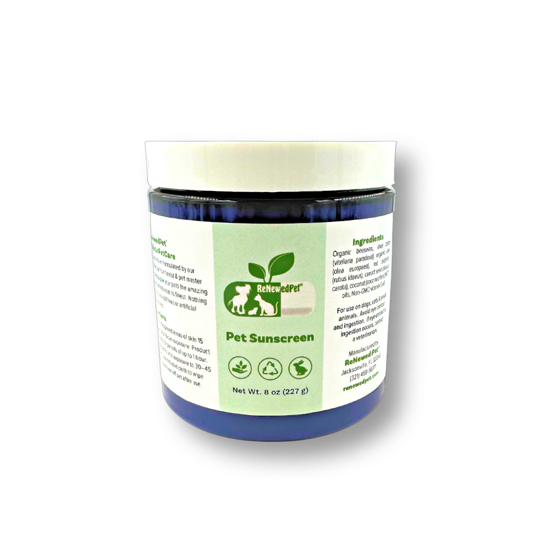ReNewedPet natural organic pet sunscreen in 8 oz jar for sensitive skin protection