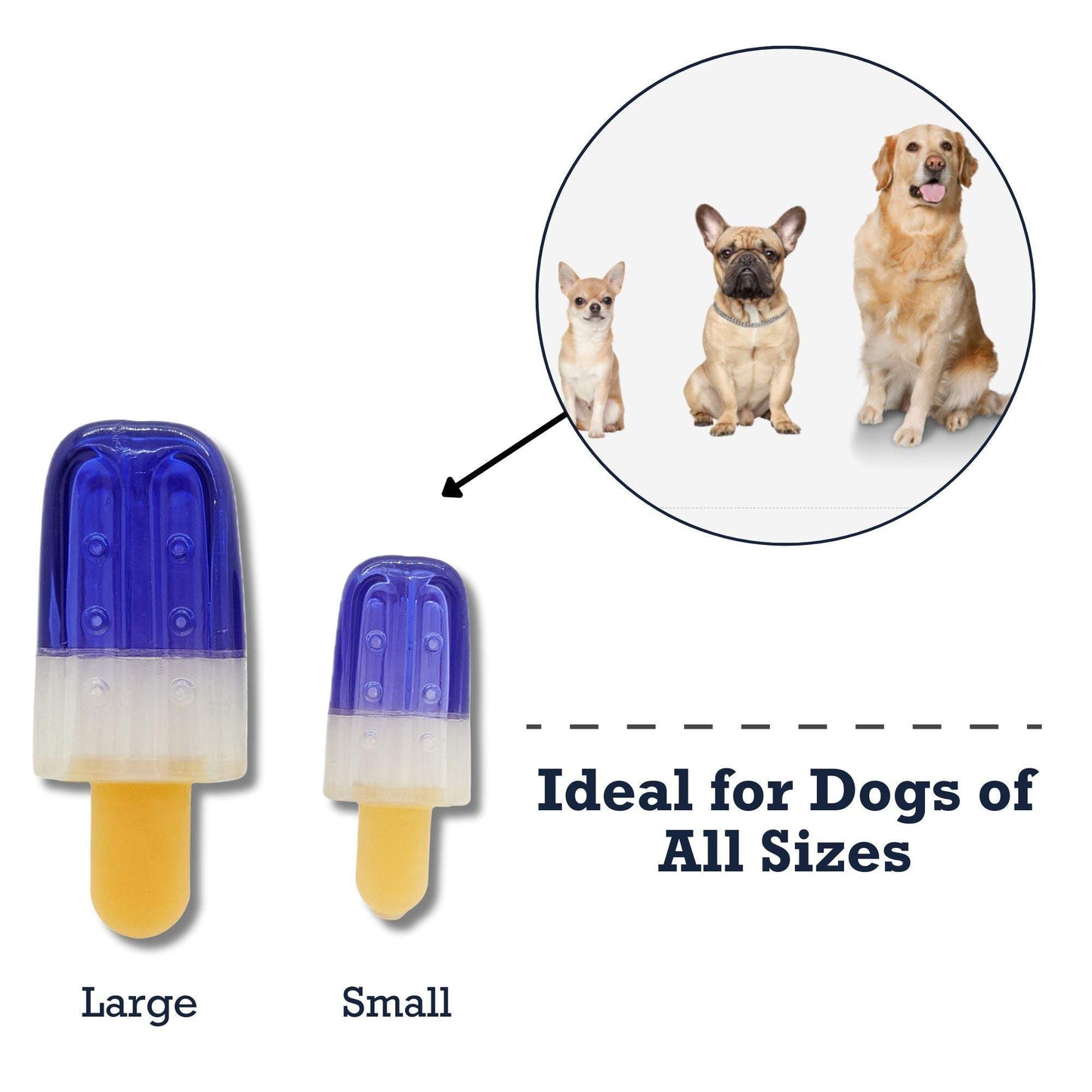 Popsicle-shaped freezable dog toy in small and large sizes made of natural rubber for all dog breeds