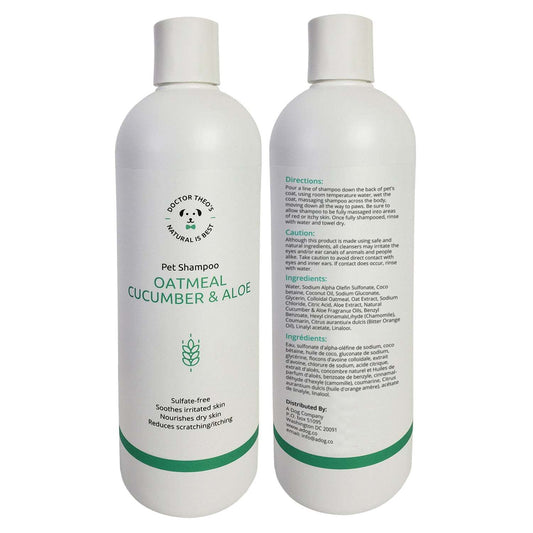 Dr. Theo's Dog Shampoo 16 oz bottle with oatmeal, cucumber, and aloe for gentle, soothing dog coat care