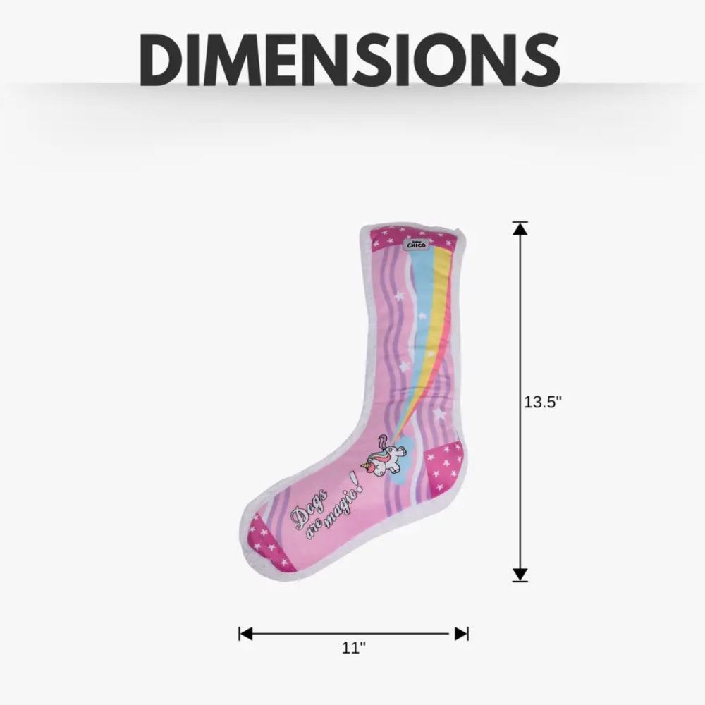 Colorful squeaky sock plush dog toy with unicorn design for playful sensory stimulation