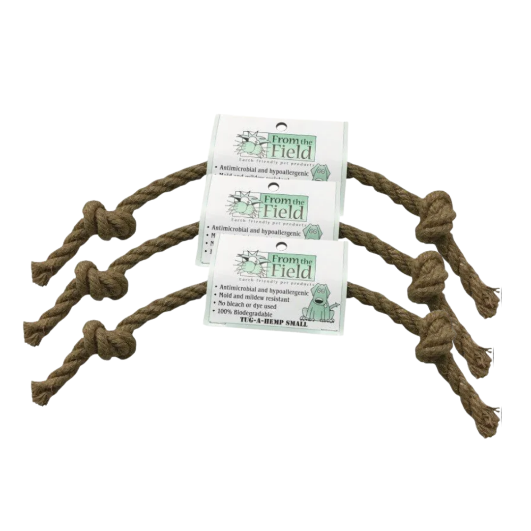Natural hemp dog tug-toy made of strong raw hemp rope in a bone shape for interactive play
