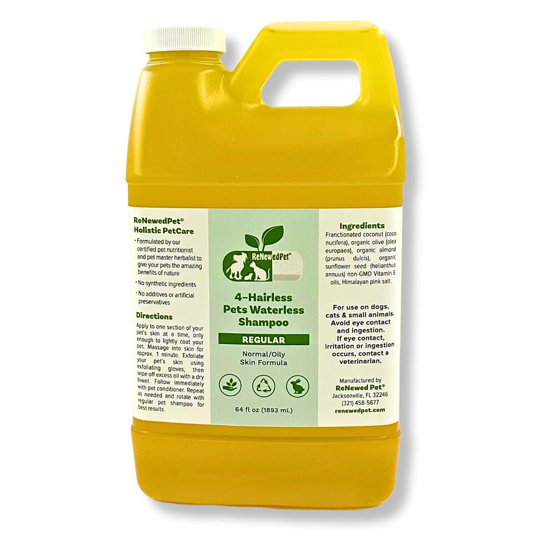 Yellow 64 oz bottle of ReNewedPet 4-Hairless Pets Regular Waterless Shampoo for normal to oily skin, natural organic ingredients.