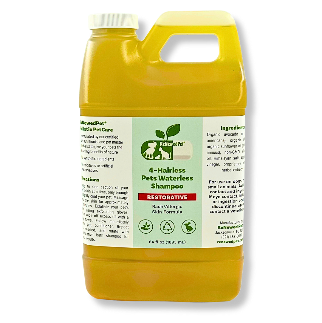 64 oz ReNewedPet 4-Hairless Pets Restorative Waterless Shampoo for rash and allergic skin, organic and natural ingredients