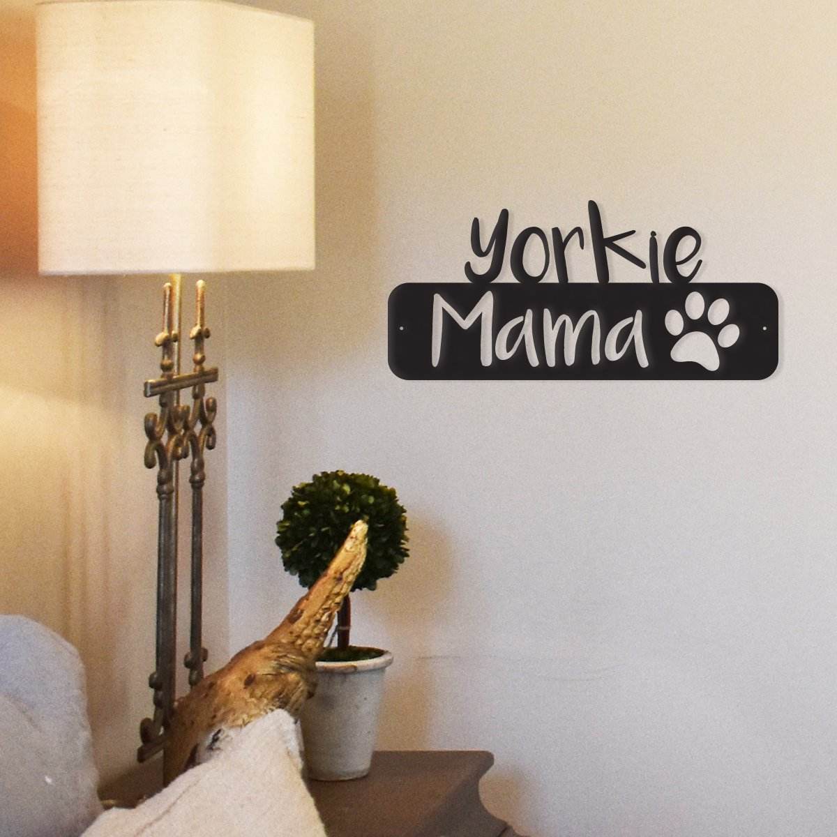 Yorkie Mama metal wall art made from durable powder-coated steel, designed for Yorkshire Terrier lovers.