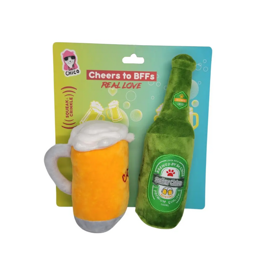 Beers-Cheers plush dog toy set with beer mug and bottle design
