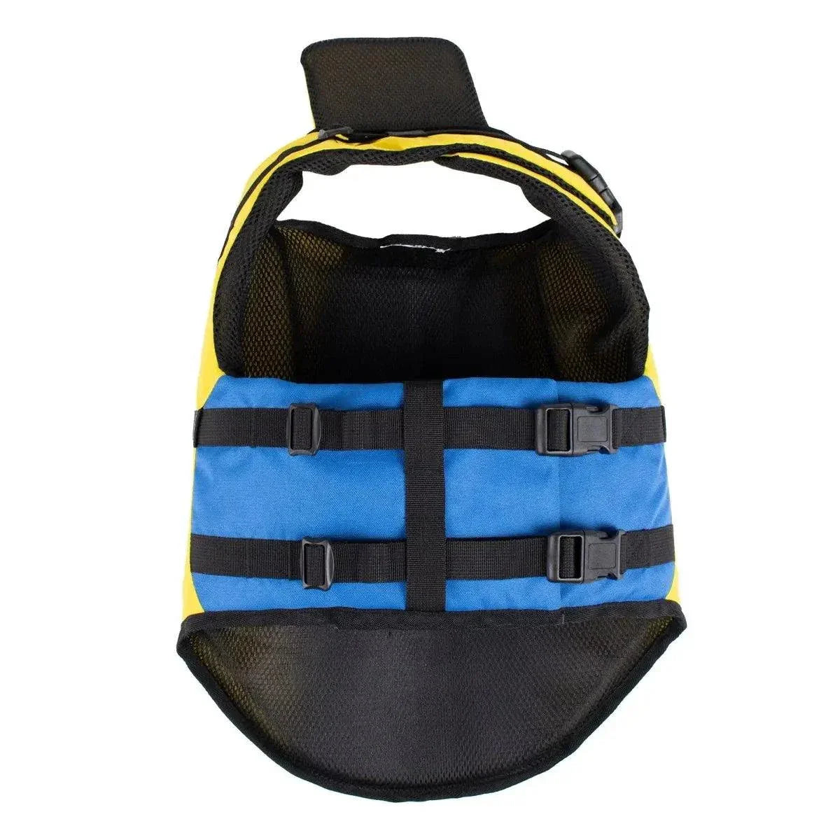 Body Glove Ripstop Pet Life Jacket in yellow and blue with adjustable straps and top handle for pet water safety